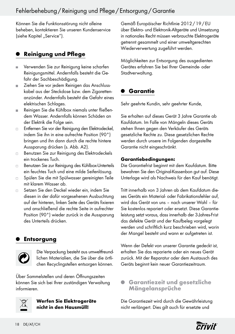 Reinigung und pflege, Entsorgung, Garantie | Garantiezeit und gesetzliche mängelansprüche | Crivit REK 230 D2 User Manual | Page 18 / 29