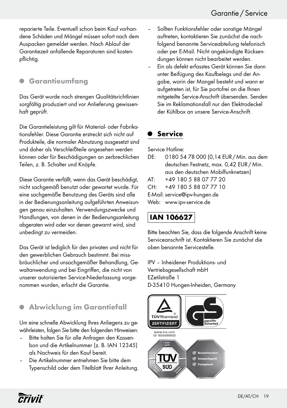 Garantie / service, Garantieumfang, Abwicklung im garantiefall | Service | Crivit REK 230 D2 User Manual | Page 19 / 29