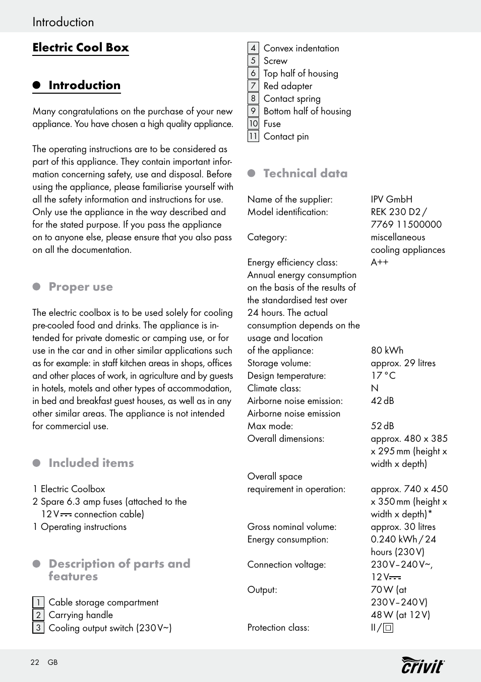 Introduction, Electric cool box introduction, Proper use | Included items, Description of parts and features, Technical data | Crivit REK 230 D2 User Manual | Page 22 / 29