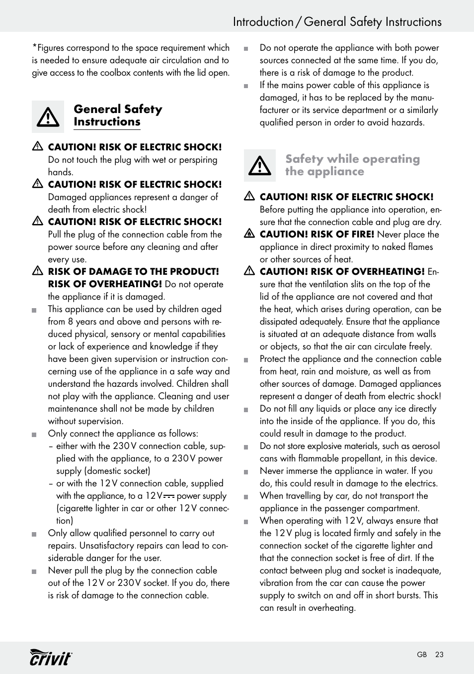 Introduction / general safety instructions, General safety instructions, Safety while operating the appliance | Crivit REK 230 D2 User Manual | Page 23 / 29