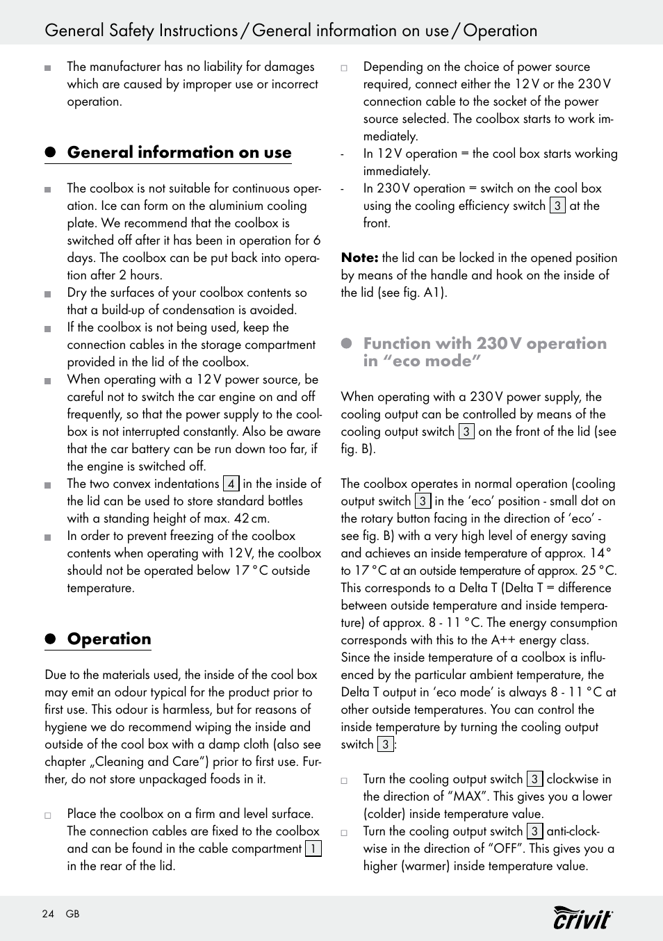 General information on use, Operation, Function with 230 v operation in “eco mode | Crivit REK 230 D2 User Manual | Page 24 / 29