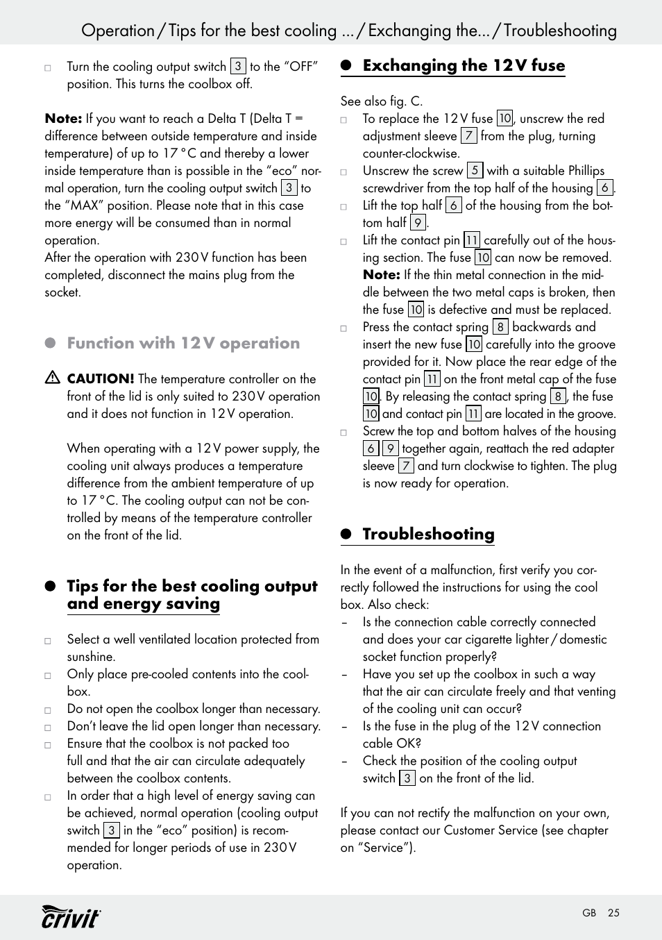 Function with 12 v operation, Tips for the best cooling output and energy saving, Exchanging the 12 v fuse | Troubleshooting | Crivit REK 230 D2 User Manual | Page 25 / 29