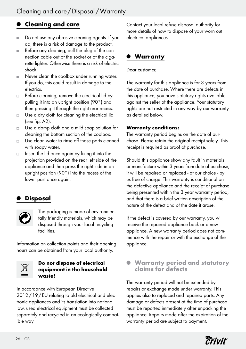 Cleaning and care / disposal / warranty, Cleaning and care, Disposal | Warranty, Warranty period and statutory claims for defects | Crivit REK 230 D2 User Manual | Page 26 / 29