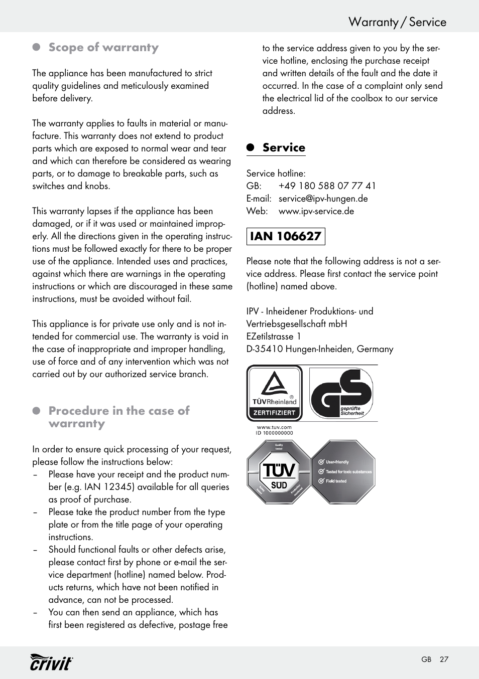 Warranty / service, Scope of warranty, Procedure in the case of warranty | Service | Crivit REK 230 D2 User Manual | Page 27 / 29