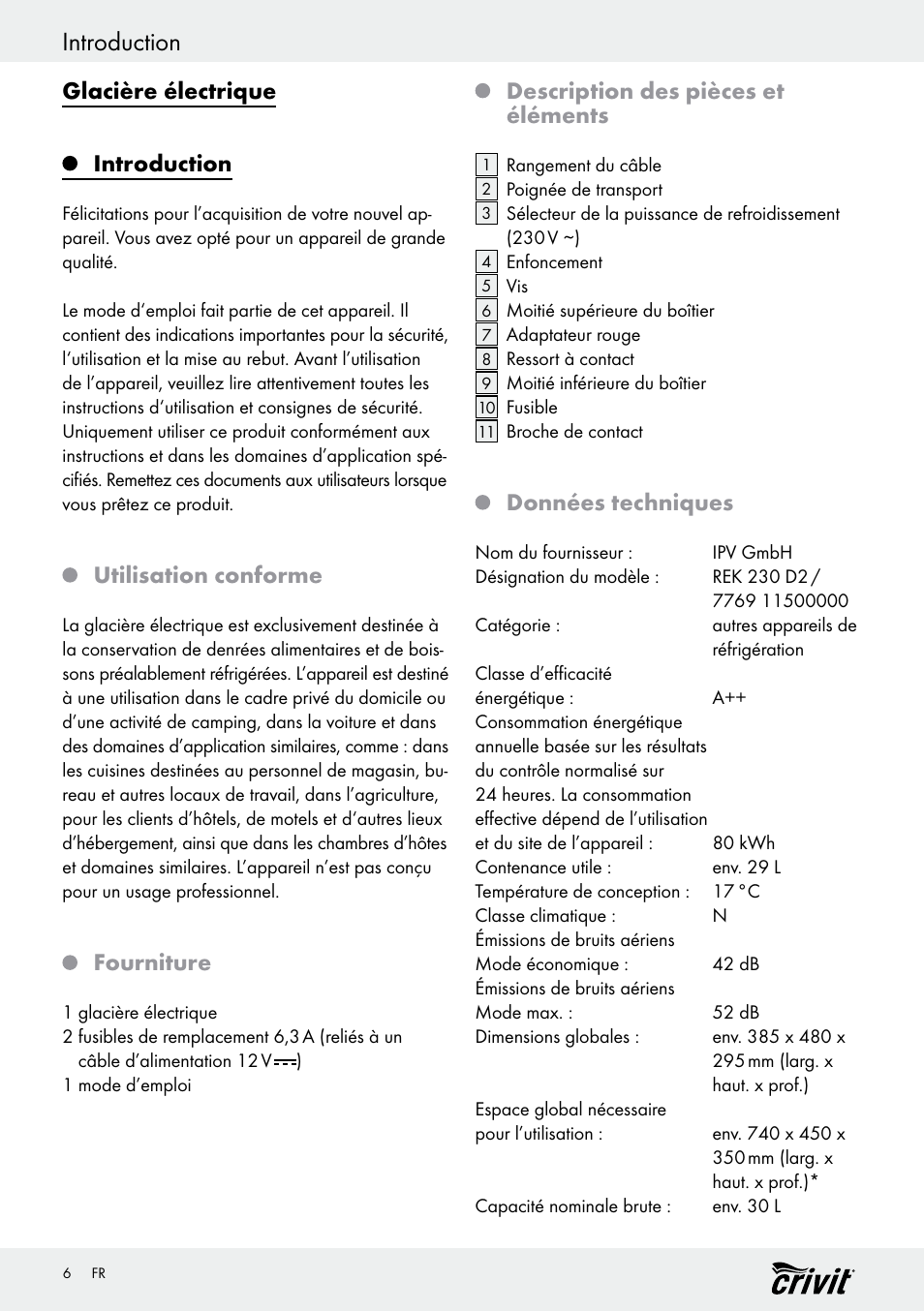 Introduction, Glacière électrique introduction, Utilisation conforme | Fourniture, Description des pièces et éléments, Données techniques | Crivit REK 230 D2 User Manual | Page 6 / 29