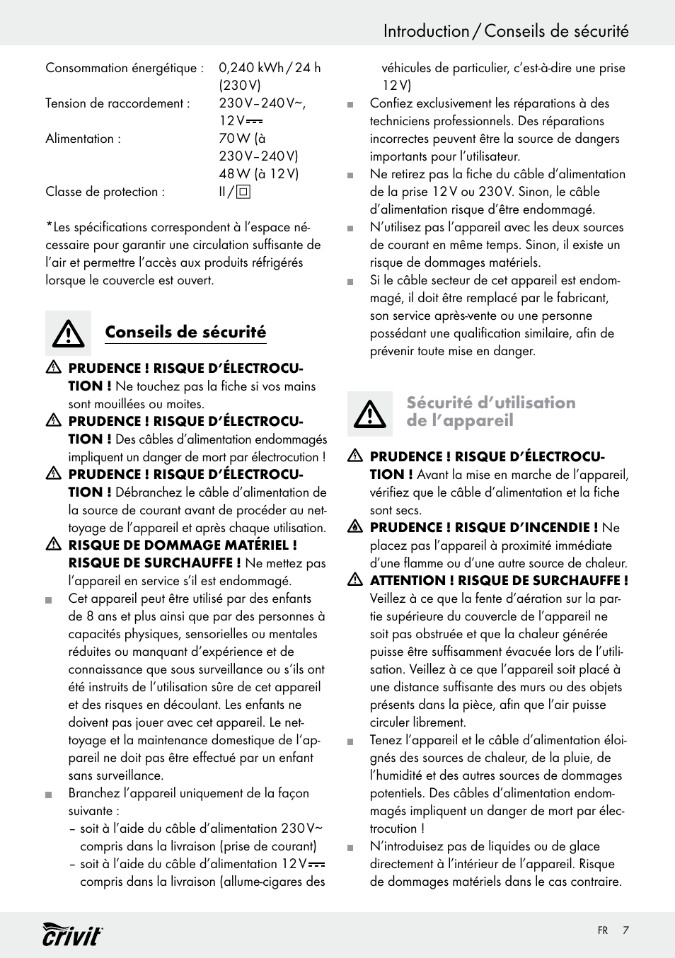 Introduction / conseils de sécurité, Conseils de sécurité, Sécurité d’utilisation de l’appareil | Crivit REK 230 D2 User Manual | Page 7 / 29