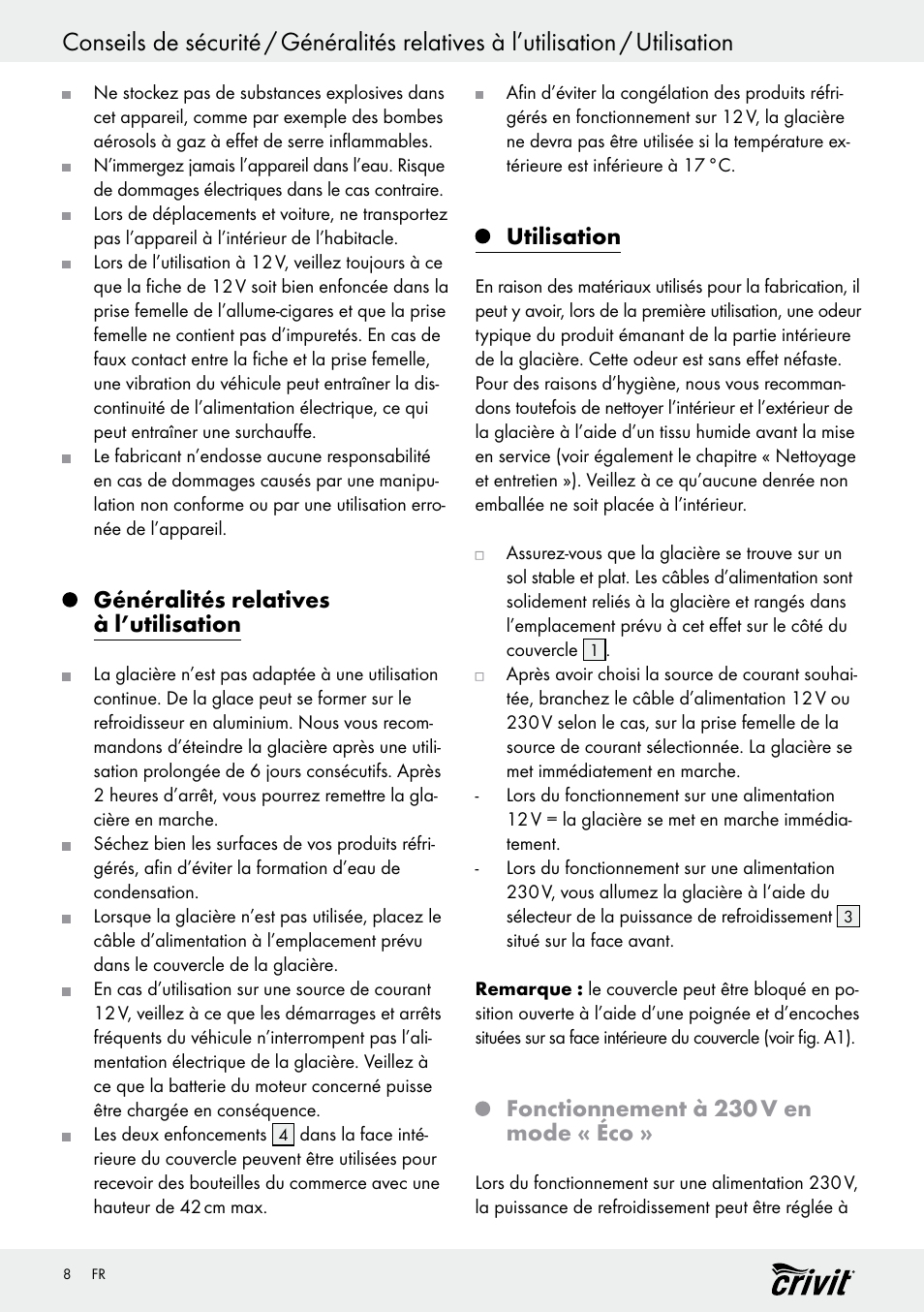 Généralités relatives à l’utilisation, Utilisation, Fonctionnement à 230 v en mode « éco | Crivit REK 230 D2 User Manual | Page 8 / 29