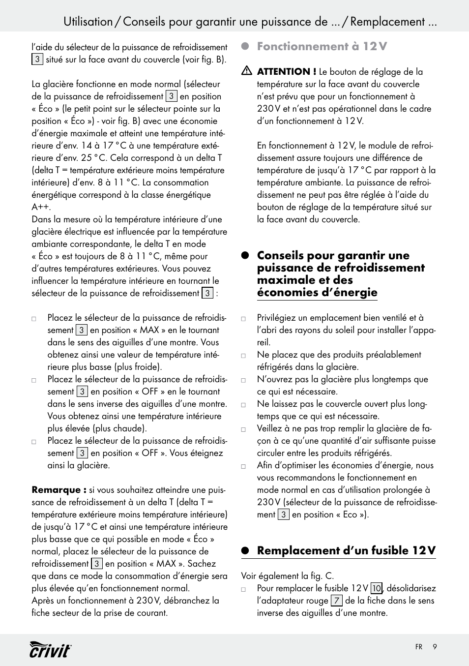 Fonctionnement à 12 v, Remplacement d’un fusible 12 v | Crivit REK 230 D2 User Manual | Page 9 / 29