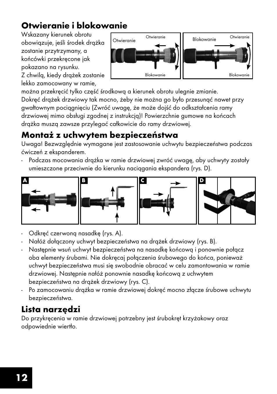 12 otwieranie i blokowanie, Montaż z uchwytem bezpieczeństwa, Lista narzędzi | Crivit TF-1321 User Manual | Page 12 / 48