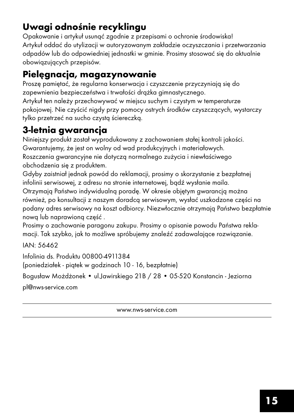15 uwagi odnośnie recyklingu, Pielęgnacja, magazynowanie, Letnia gwarancja | Crivit TF-1321 User Manual | Page 15 / 48