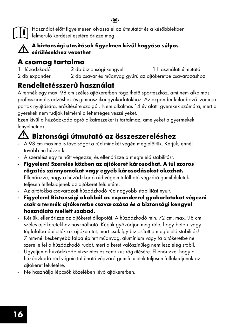 A csomag tartalma, Rendeltetésszerű használat, Biztonsági útmutató az összeszereléshez | Crivit TF-1321 User Manual | Page 16 / 48