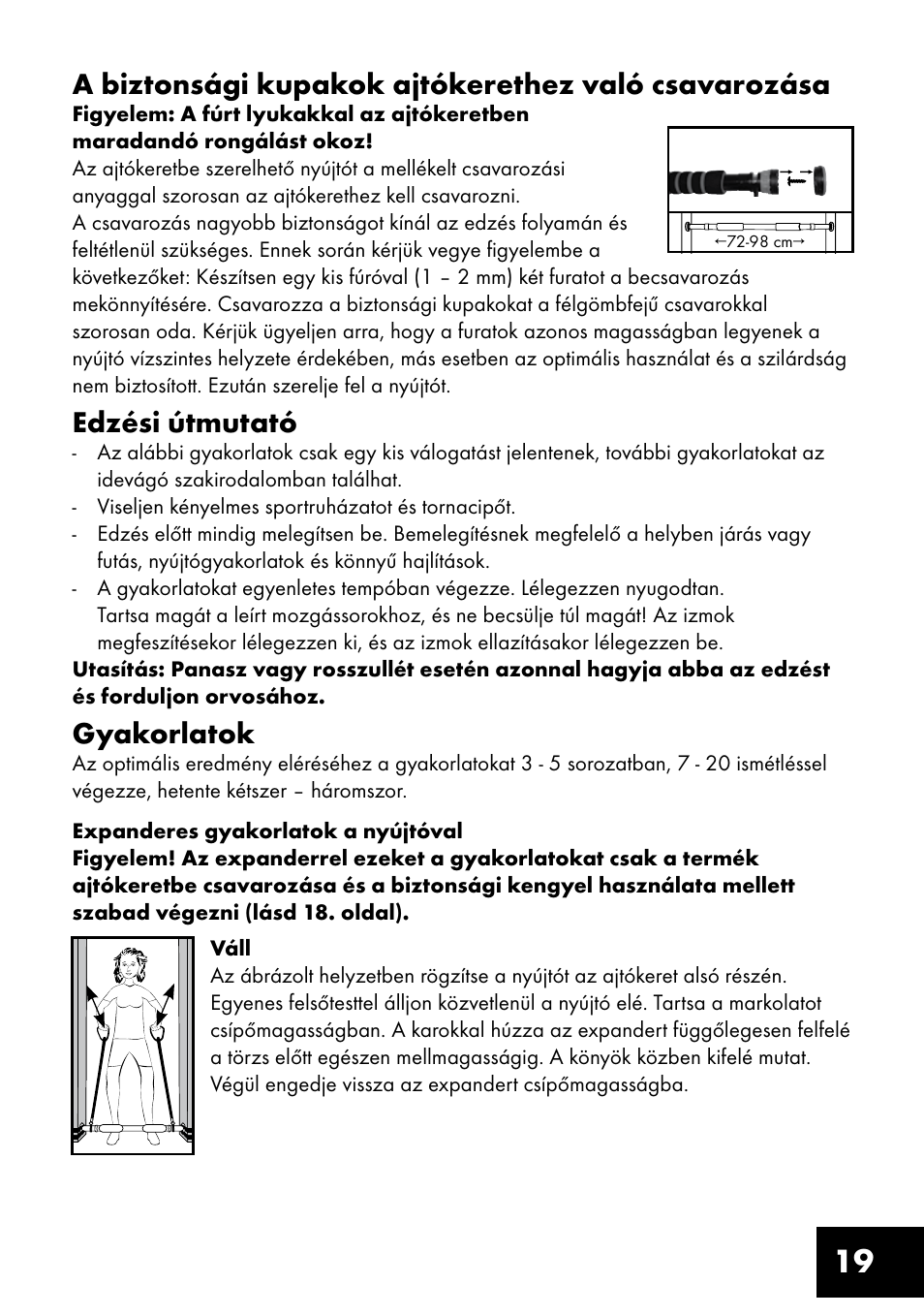 A biztonsági kupakok ajtókerethez való csavarozása, Edzési útmutató, Gyakorlatok | Crivit TF-1321 User Manual | Page 19 / 48