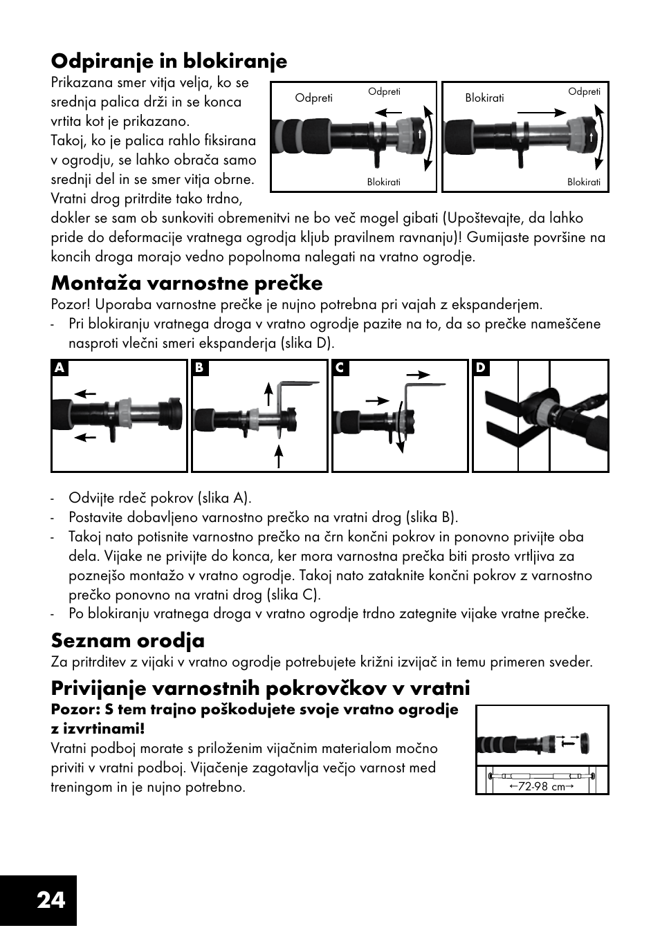 24 odpiranje in blokiranje, Montaža varnostne prečke, Seznam orodja | Privijanje varnostnih pokrovčkov v vratni | Crivit TF-1321 User Manual | Page 24 / 48