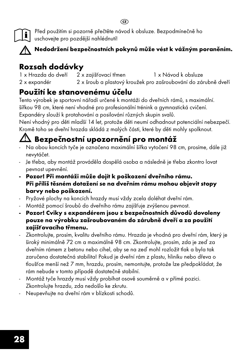 Rozsah dodávky, Použití ke stanovenému účelu, Bezpečnostní upozornění pro montáž | Crivit TF-1321 User Manual | Page 28 / 48