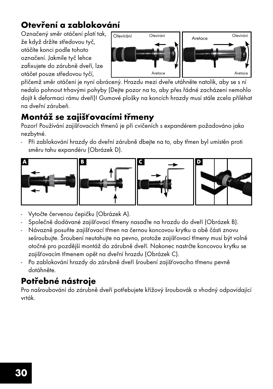 30 otevření a zablokování, Montáž se zajišťovacími třmeny, Potřebné nástroje | Crivit TF-1321 User Manual | Page 30 / 48