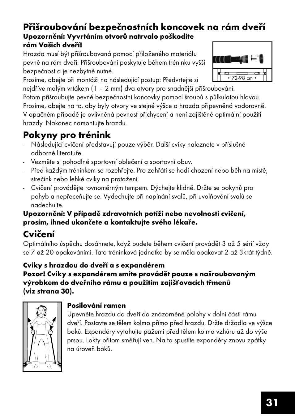 Přišroubování bezpečnostních koncovek na rám dveří, Pokyny pro trénink, Cvičení | Crivit TF-1321 User Manual | Page 31 / 48