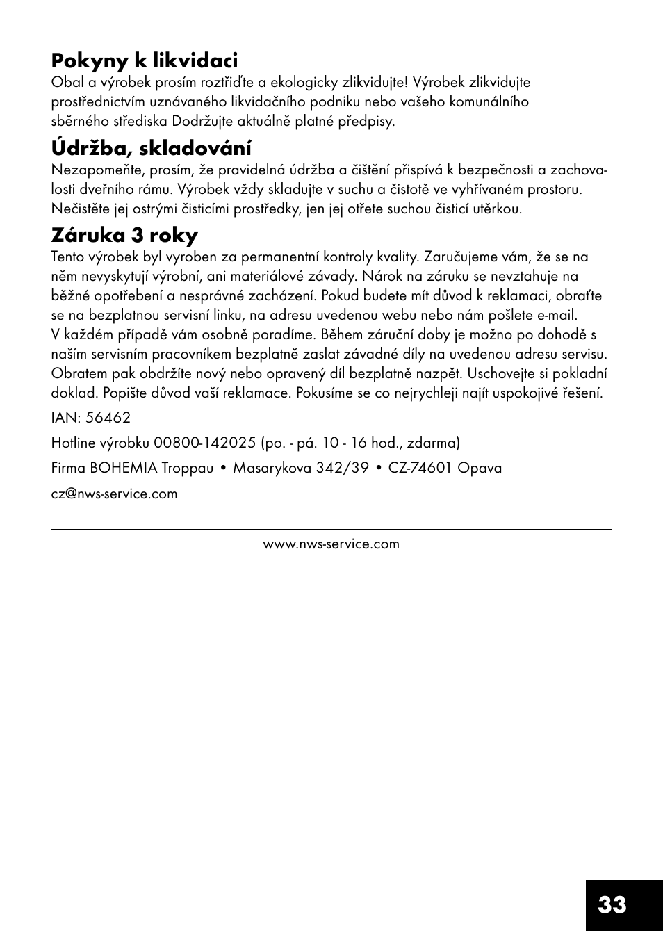 33 pokyny k likvidaci, Údržba, skladování, Záruka 3 roky | Crivit TF-1321 User Manual | Page 33 / 48