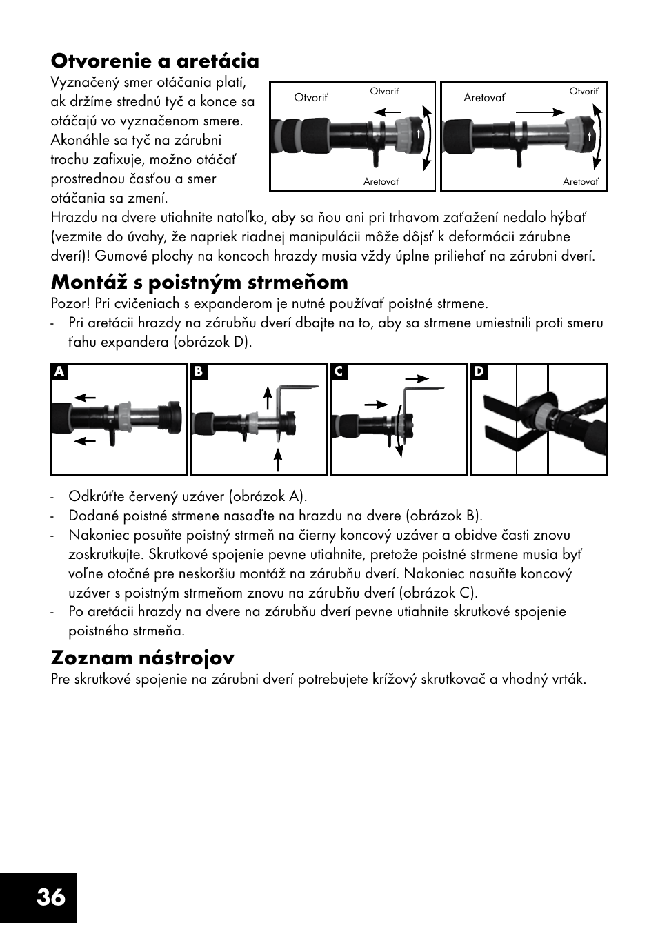 36 otvorenie a aretácia, Montáž s poistným strmeňom, Zoznam nástrojov | Crivit TF-1321 User Manual | Page 36 / 48