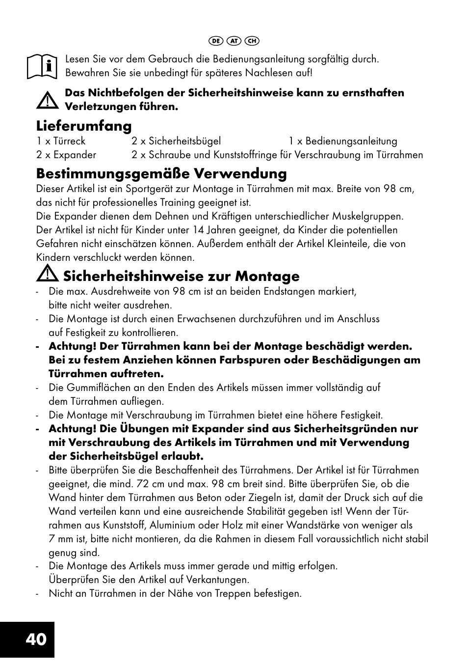 Lieferumfang, Bestimmungsgemäße verwendung, Sicherheitshinweise zur montage | Crivit TF-1321 User Manual | Page 40 / 48