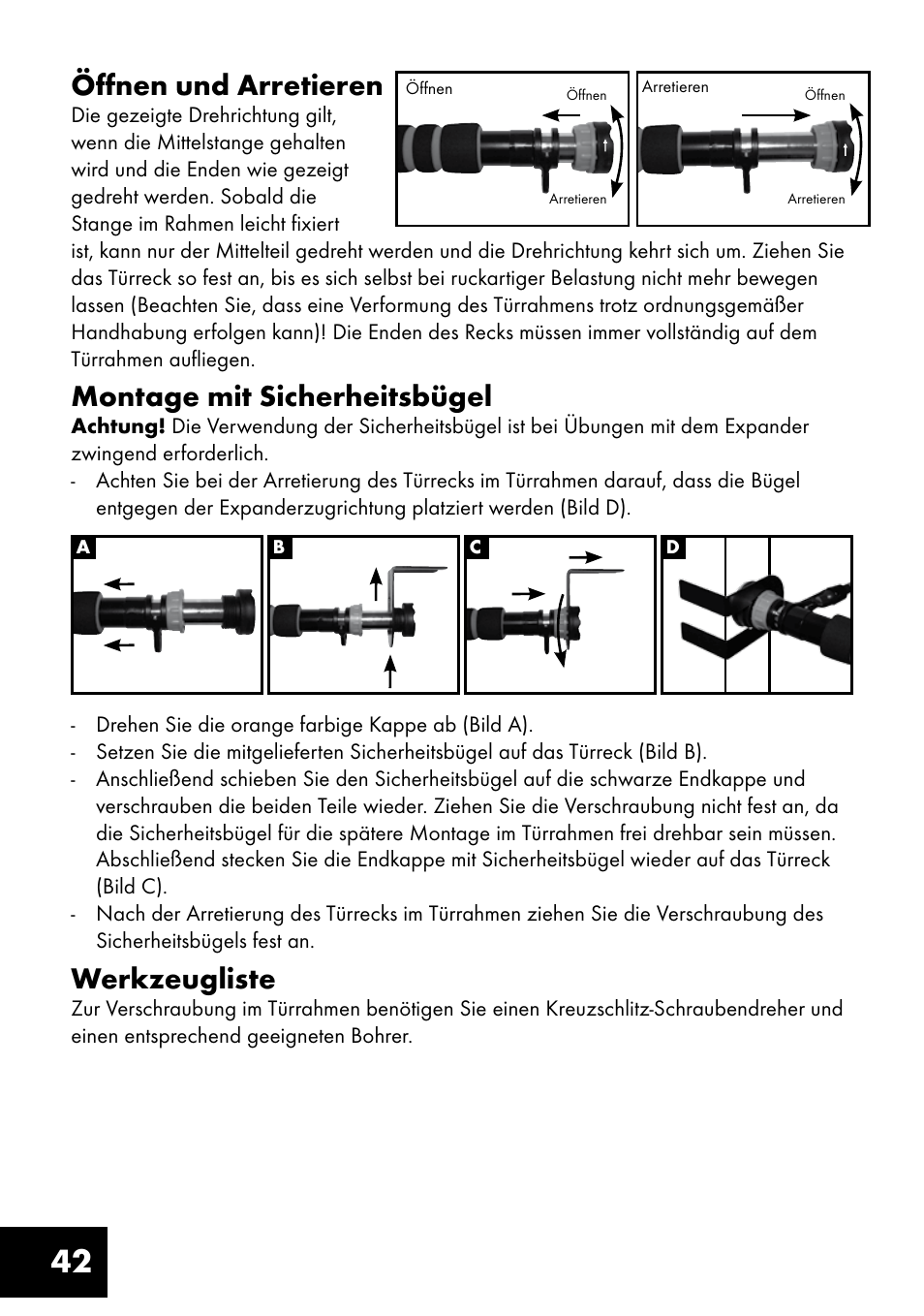 42 öffnen und arretieren, Montage mit sicherheitsbügel, Werkzeugliste | Crivit TF-1321 User Manual | Page 42 / 48