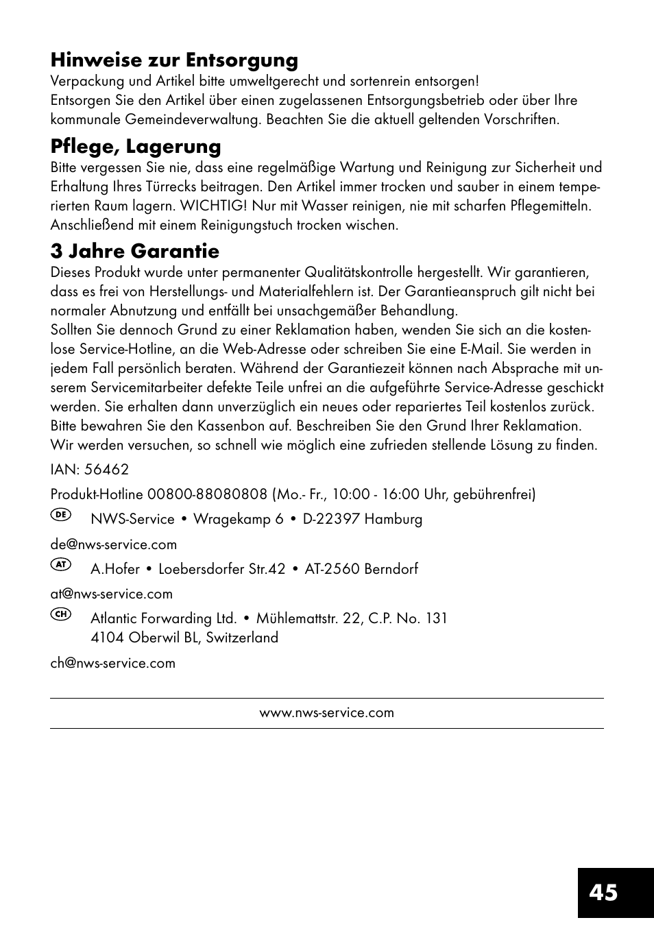 45 hinweise zur entsorgung, Pflege, lagerung, 3 jahre garantie | Crivit TF-1321 User Manual | Page 45 / 48