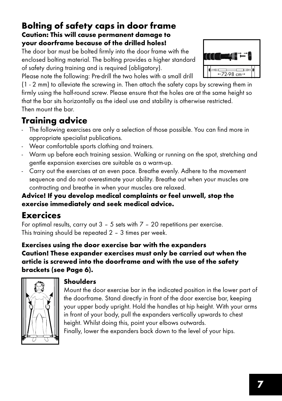 Bolting of safety caps in door frame, Training advice, Exercices | Crivit TF-1321 User Manual | Page 7 / 48