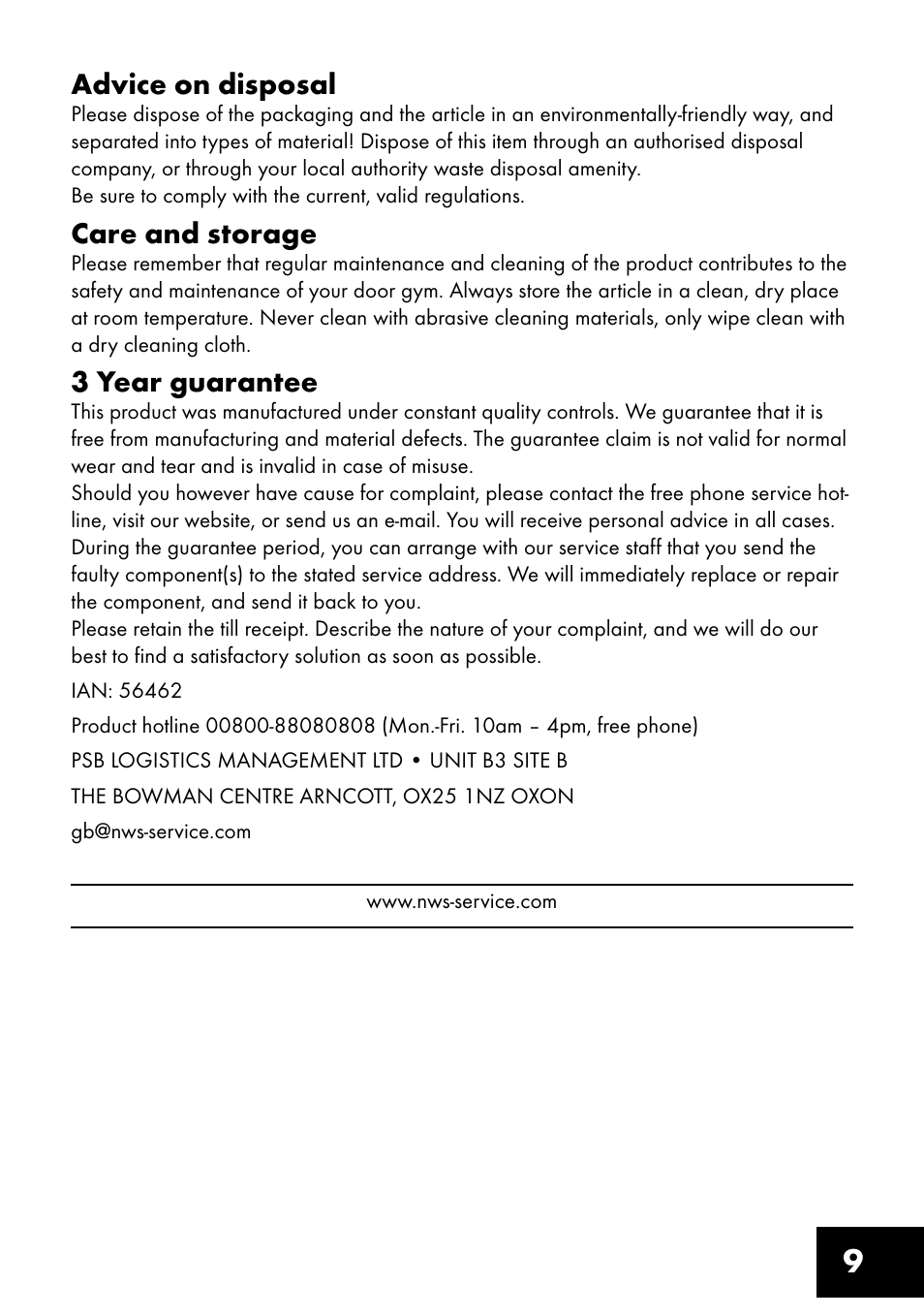 9advice on disposal, Care and storage, 3 year guarantee | Crivit TF-1321 User Manual | Page 9 / 48