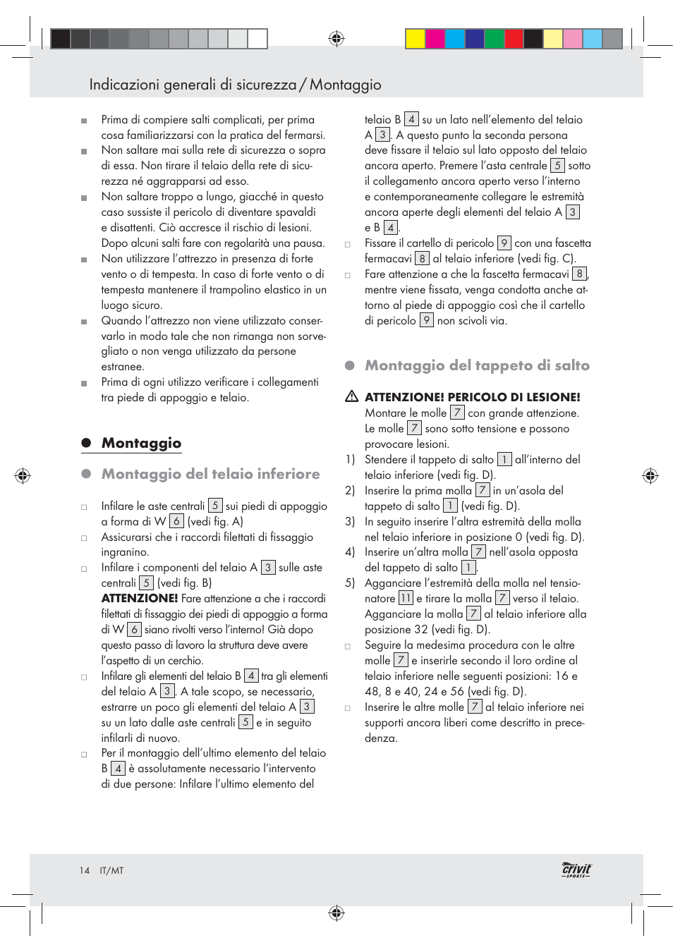 Indicazioni generali di sicurezza / montaggio, Montaggio montaggio del telaio inferiore, Montaggio del tappeto di salto | Crivit Z30751 User Manual | Page 14 / 43