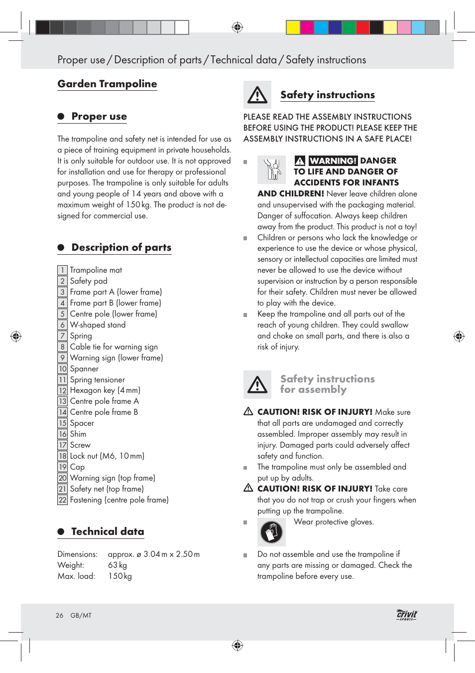Garden trampoline proper use, Description of parts, Technical data | Safety instructions, Safety instructions for assembly | Crivit Z30751 User Manual | Page 26 / 43