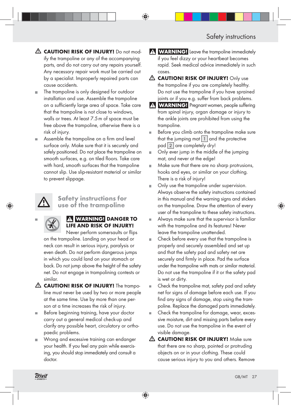Safety instructions, Safety instructions for use of the trampoline | Crivit Z30751 User Manual | Page 27 / 43