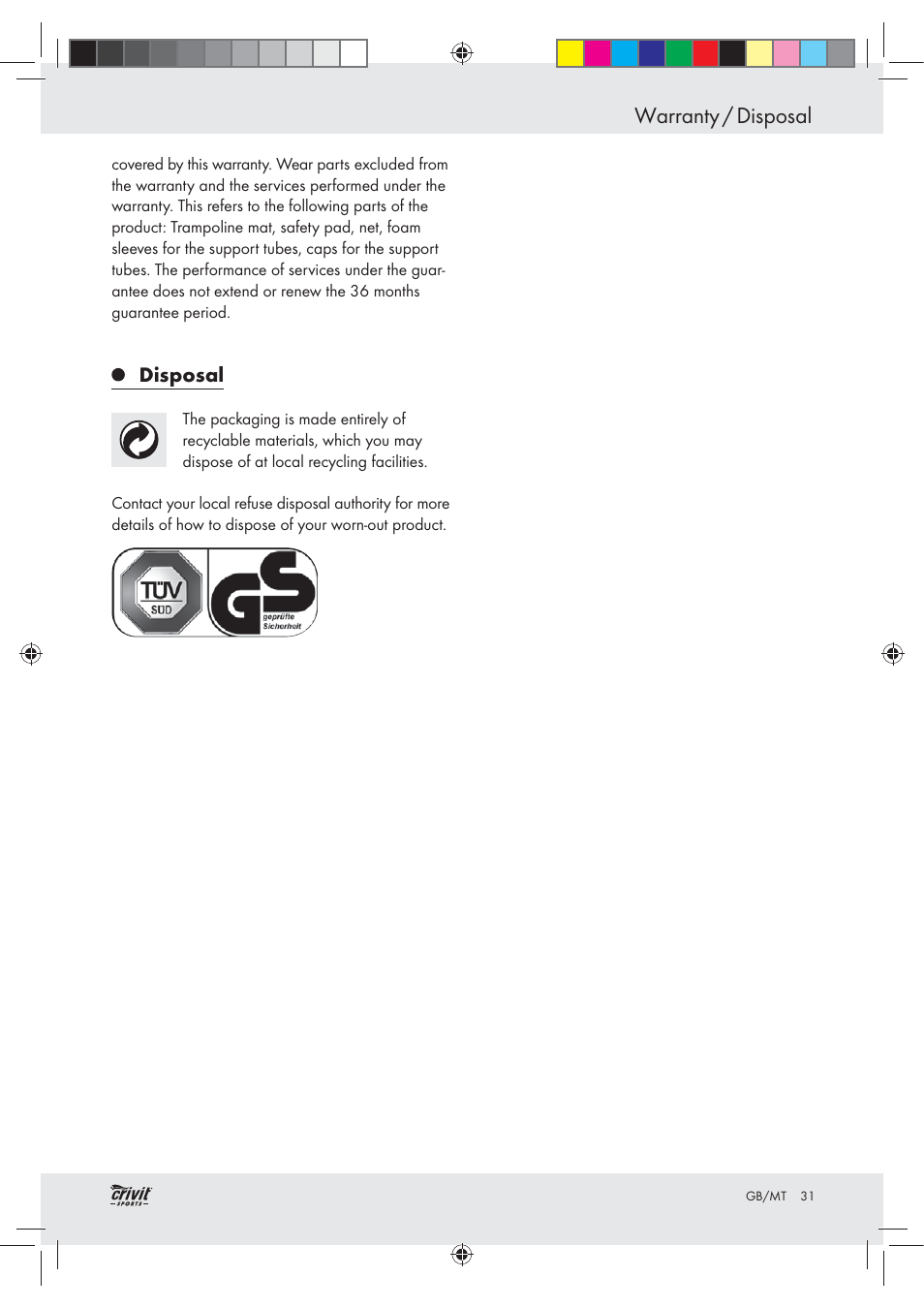 Warranty / disposal, Disposal | Crivit Z30751 User Manual | Page 31 / 43
