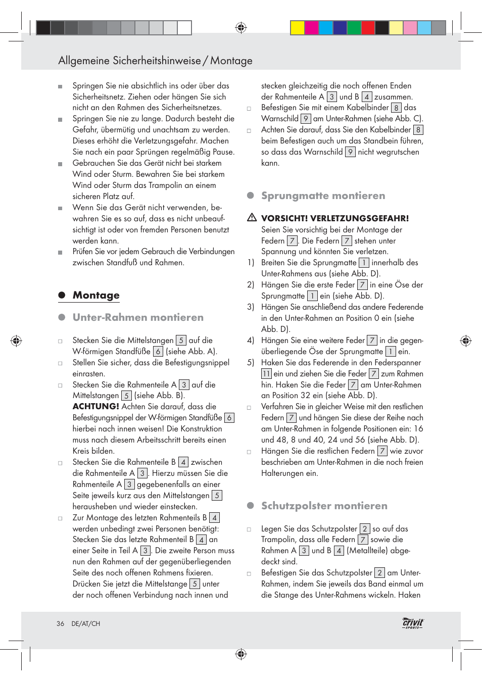 Allgemeine sicherheitshinweise / montage, Montage unter-rahmen montieren, Sprungmatte montieren | Schutzpolster montieren | Crivit Z30751 User Manual | Page 36 / 43