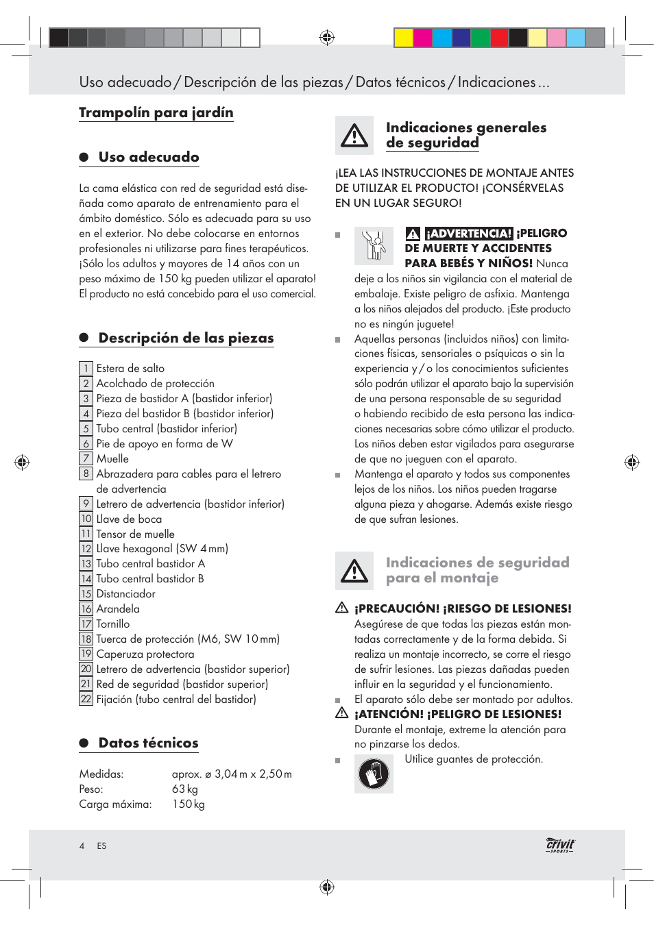 Trampolín para jardín uso adecuado, Descripción de las piezas, Datos técnicos | Indicaciones generales de seguridad, Indicaciones de seguridad para el montaje | Crivit Z30751 User Manual | Page 4 / 43
