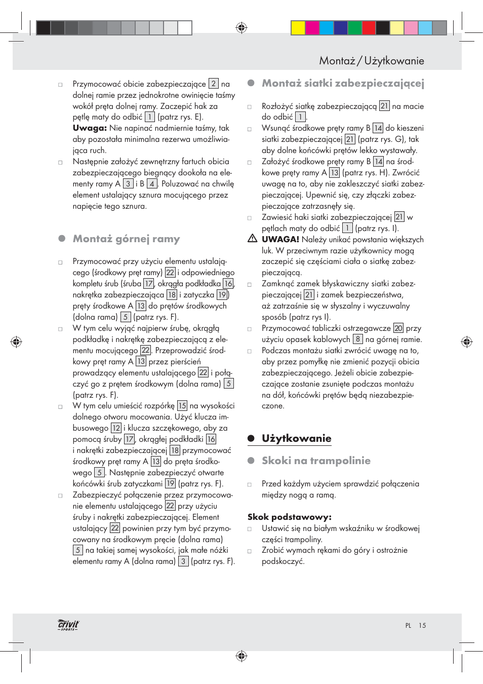 Montaż / użytkowanie, Montaż górnej ramy, Montaż siatki zabezpieczającej | Użytkowanie skoki na trampolinie | Crivit Z30751 User Manual | Page 15 / 57