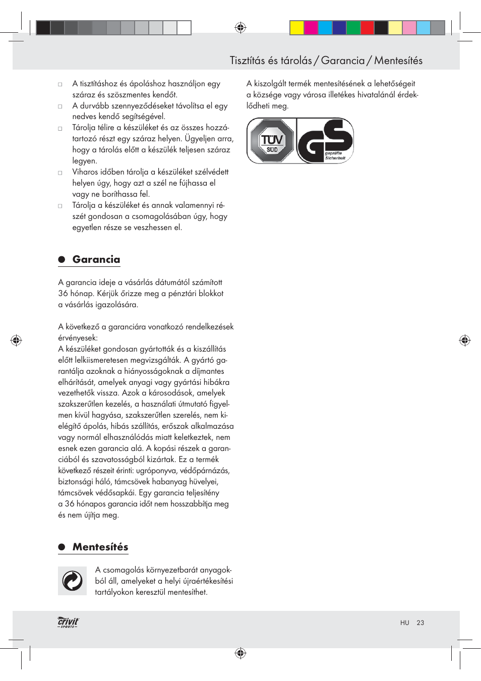 Tisztítás és tárolás / garancia / mentesítés | Crivit Z30751 User Manual | Page 23 / 57