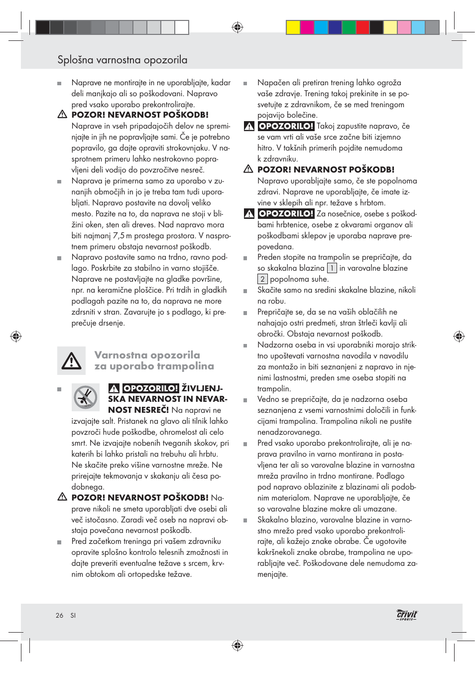 Splošna varnostna opozorila, Varnostna opozorila za uporabo trampolina | Crivit Z30751 User Manual | Page 26 / 57