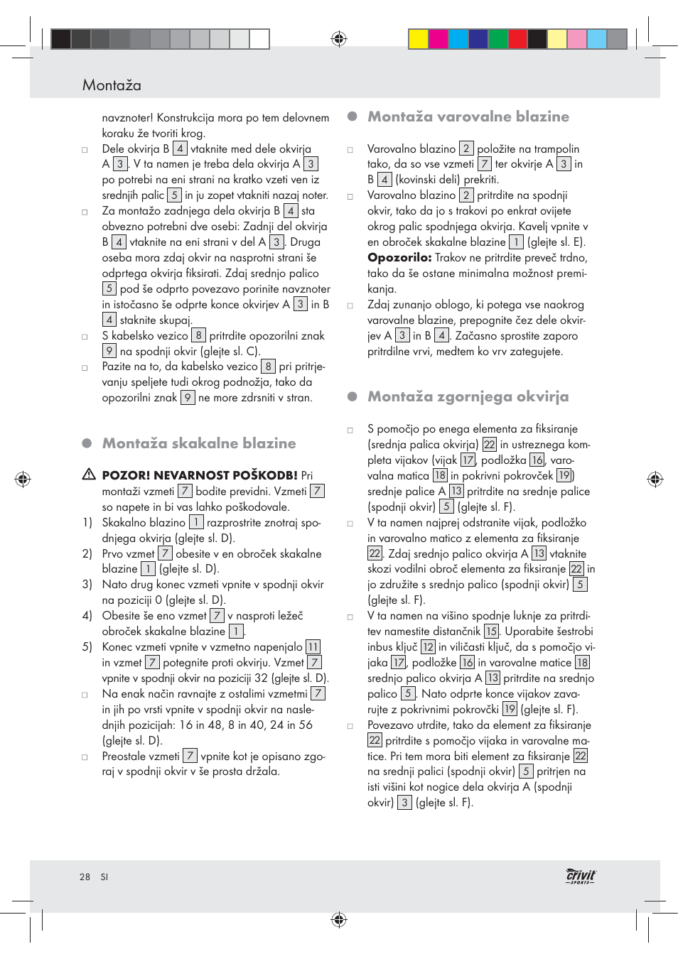 Montaža, Montaža skakalne blazine, Montaža varovalne blazine | Montaža zgornjega okvirja | Crivit Z30751 User Manual | Page 28 / 57