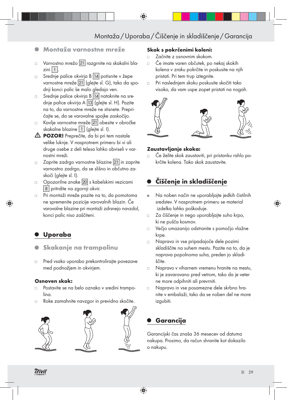 Montaža varnostne mreže, Uporaba skakanje na trampolinu, Čiščenje in skladiščenje | Garancija | Crivit Z30751 User Manual | Page 29 / 57