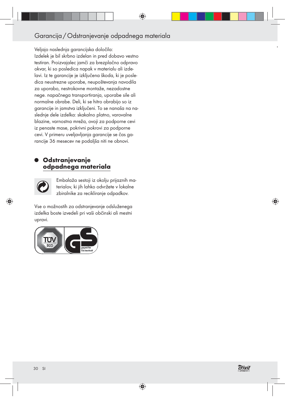 Garancija / odstranjevanje odpadnega materiala | Crivit Z30751 User Manual | Page 30 / 57