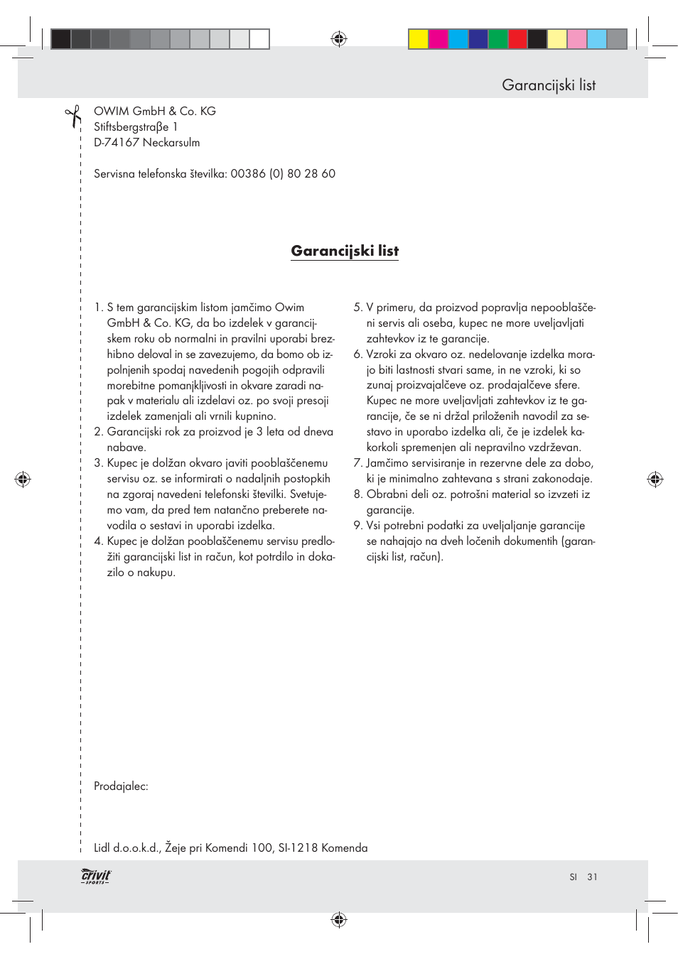 Garancijski list | Crivit Z30751 User Manual | Page 31 / 57