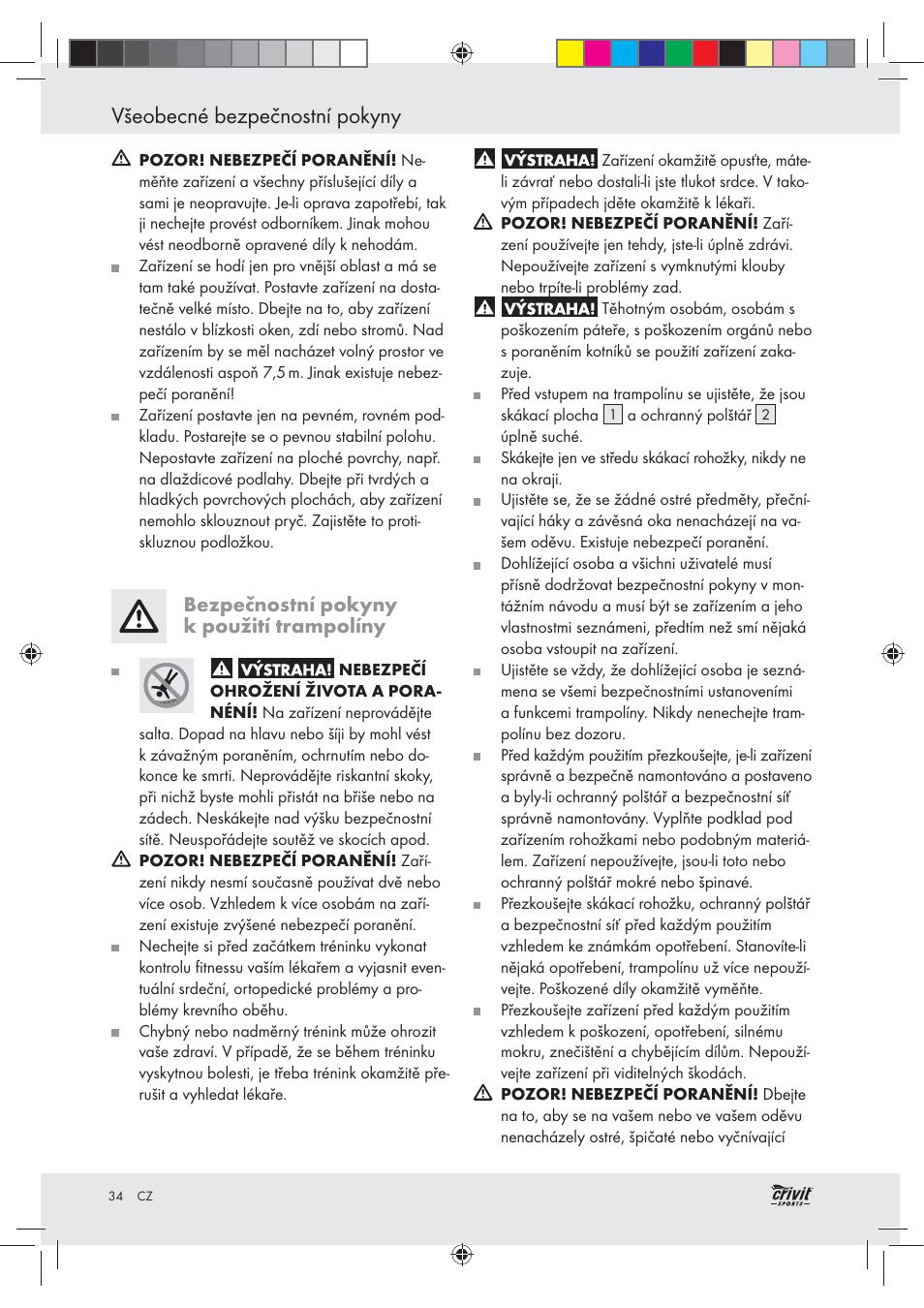 Všeobecné bezpečnostní pokyny, Bezpečnostní pokyny k použití trampolíny | Crivit Z30751 User Manual | Page 34 / 57