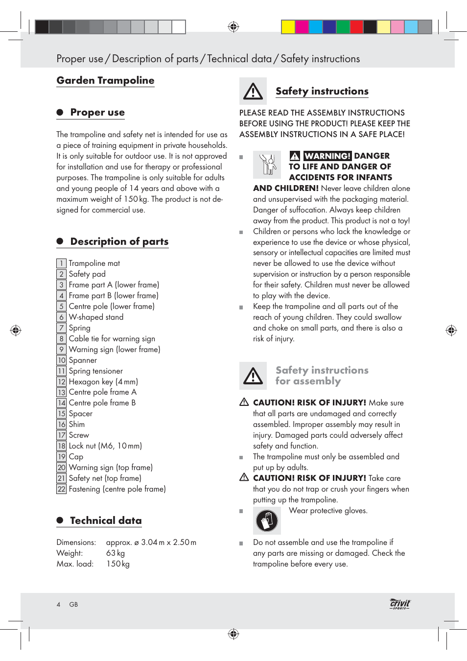 Garden trampoline proper use, Description of parts, Technical data | Safety instructions, Safety instructions for assembly | Crivit Z30751 User Manual | Page 4 / 57