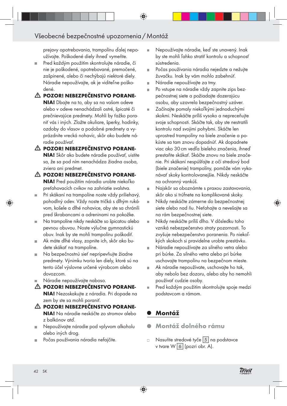 Všeobecné bezpečnostné upozornenia / montáž, Montáž montáž dolného rámu | Crivit Z30751 User Manual | Page 42 / 57