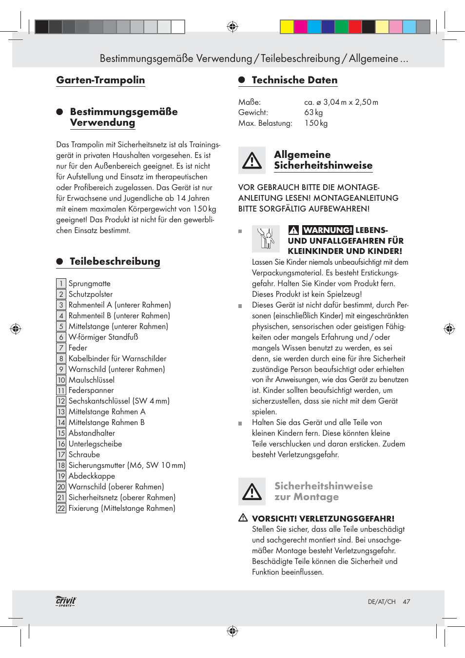 Garten-trampolin bestimmungsgemäße verwendung, Teilebeschreibung, Technische daten | Allgemeine sicherheitshinweise, Sicherheitshinweise zur montage | Crivit Z30751 User Manual | Page 47 / 57