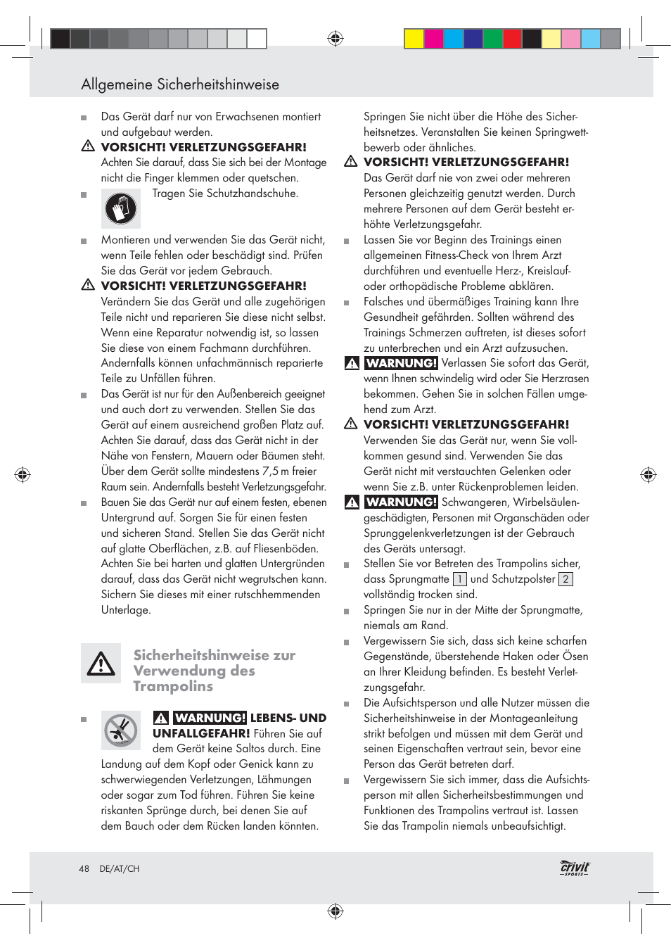 Allgemeine sicherheitshinweise, Sicherheitshinweise zur verwendung des trampolins | Crivit Z30751 User Manual | Page 48 / 57
