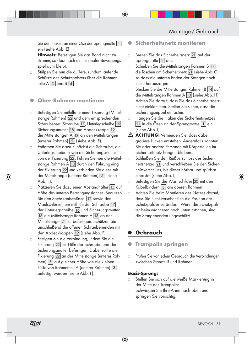 Montage / gebrauch, Ober-rahmen montieren, Sicherheitsnetz montieren | Gebrauch, Trampolin springen | Crivit Z30751 User Manual | Page 51 / 57