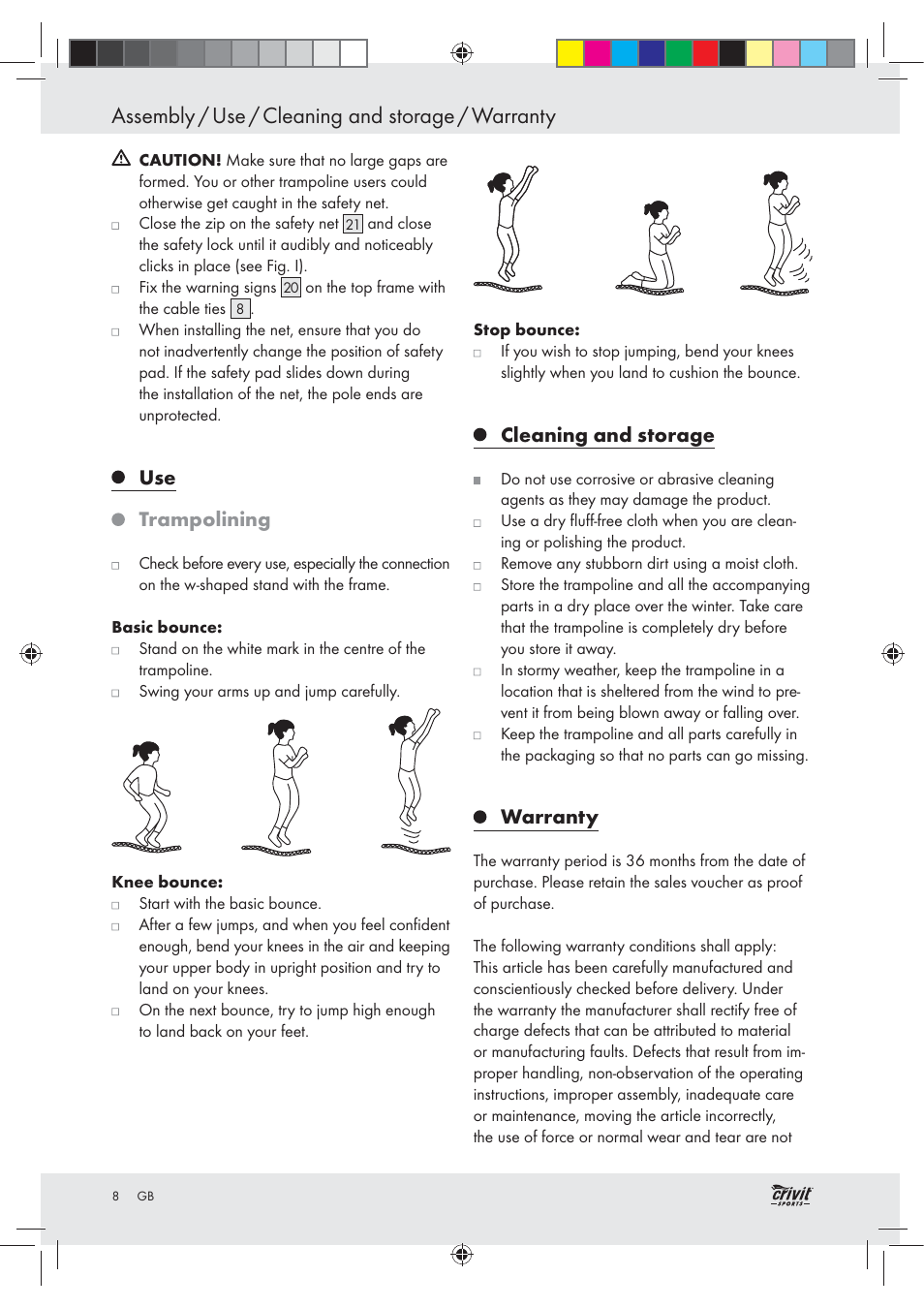 Assembly / use / cleaning and storage / warranty, Trampolining, Cleaning and storage | Warranty | Crivit Z30751 User Manual | Page 8 / 57