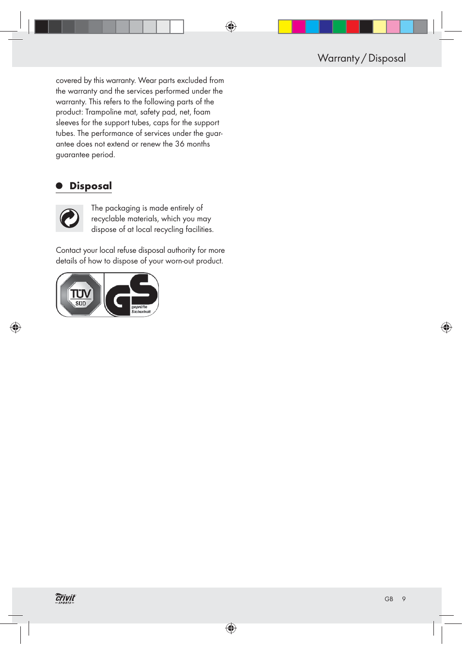 Warranty / disposal, Disposal | Crivit Z30751 User Manual | Page 9 / 57