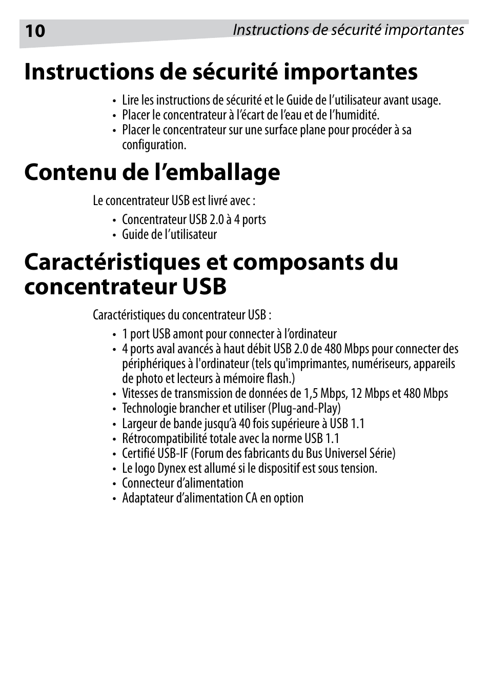 Instructions de sécurité importantes, Contenu de l’emballage | Dynex DX-HUB23 User Manual | Page 10 / 26