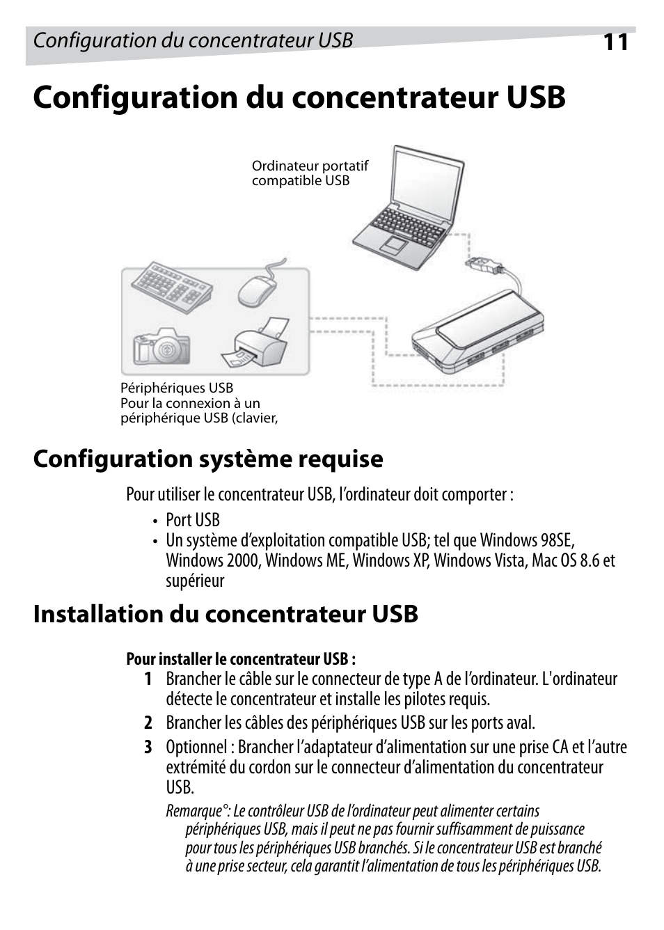 Configuration du concentrateur usb, Configuration système requise, Installation du concentrateur usb | Pour installer le concentrateur usb | Dynex DX-HUB23 User Manual | Page 11 / 26